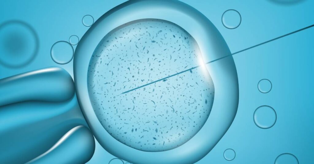 The view of a human cell through a microscope. There is a laser needle injected into the cell as part of a testing process.