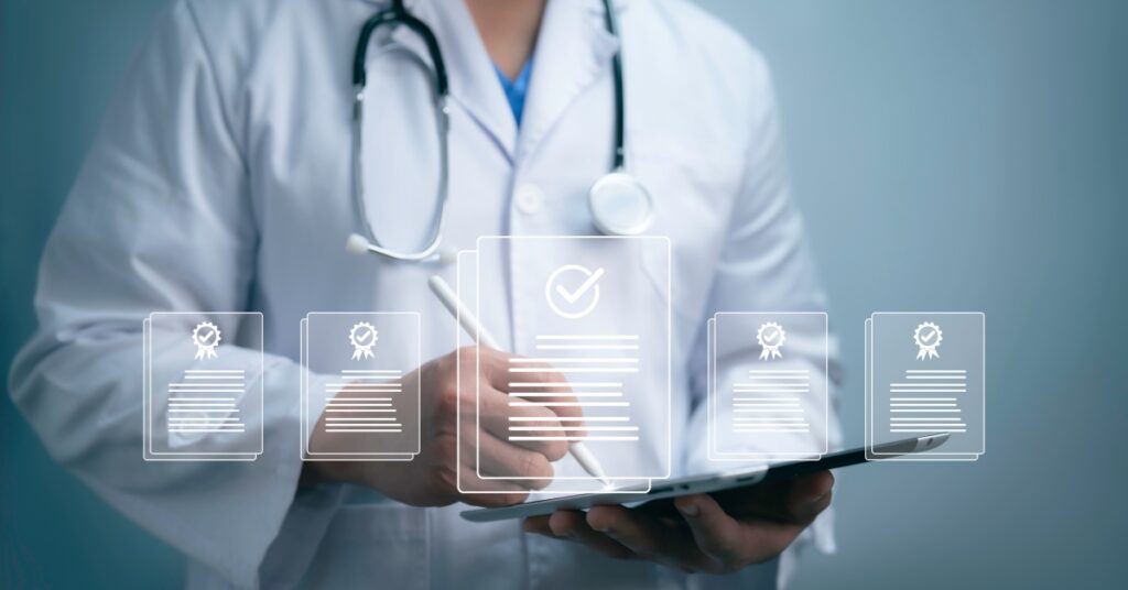 A doctor holding a tablet and looking at a digital graphic in the foreground displaying pages of certificates and checklists.