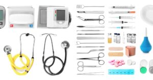 A variety of medical equipment and tools, including stethoscopes, tweezers, bandages, and more, on a white background.