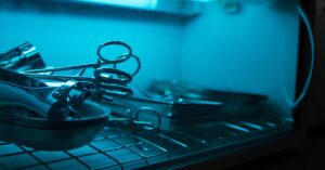 Trays of metal medical instruments resting on a shelf within a sterilizing machine. The machine interior is glowing blue.