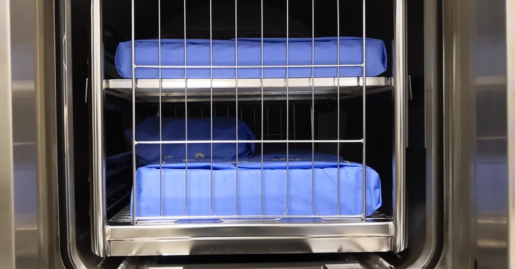 A wire shelf of reusable medical devices packaged in blue sterilization wrap. The shelf is inside a steam sterilization machine.