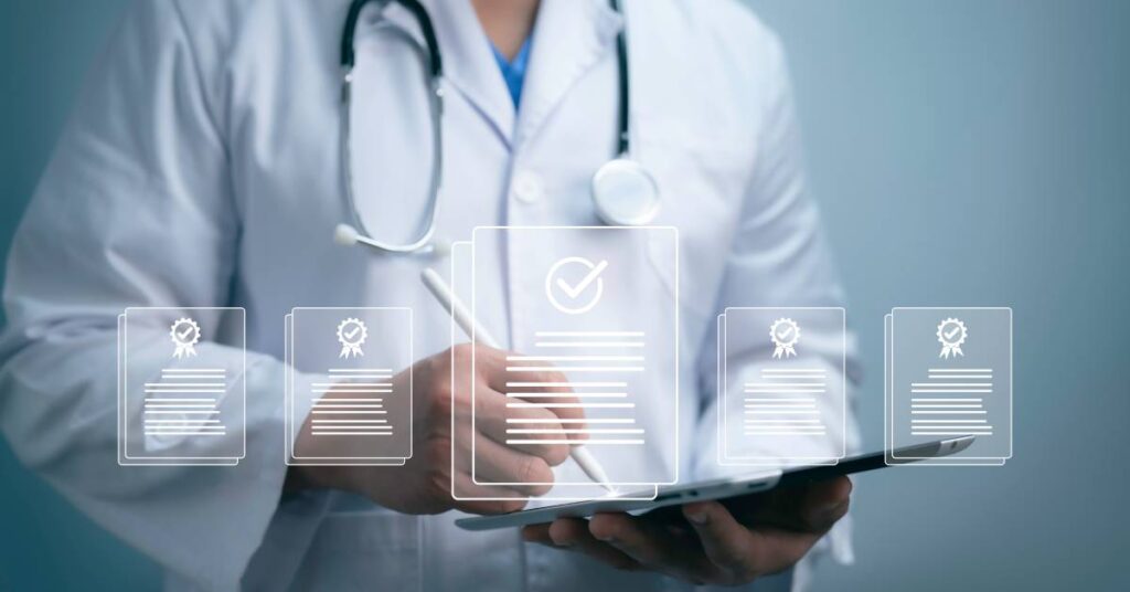 A doctor wearing a lab coat writes on a clipboard. In front of him is an overlay of document symbols with checkmarks.