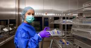 A person in a lab gown and a bouffant cap puts a tray of medical supplies on a cart. Sterilization units line the wall.