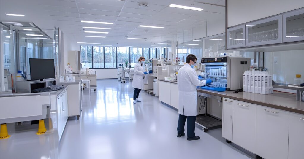 Two workers wearing PPE handle materials at separate workstations in a clean, spacious laboratory with large windows.