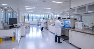 Two workers wearing PPE handle materials at separate workstations in a clean, spacious laboratory with large windows.